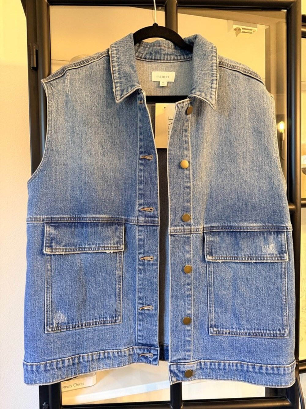 Evereve Medium Wash Distressed Sleeveless Denim Jacket Vest Size M NWT